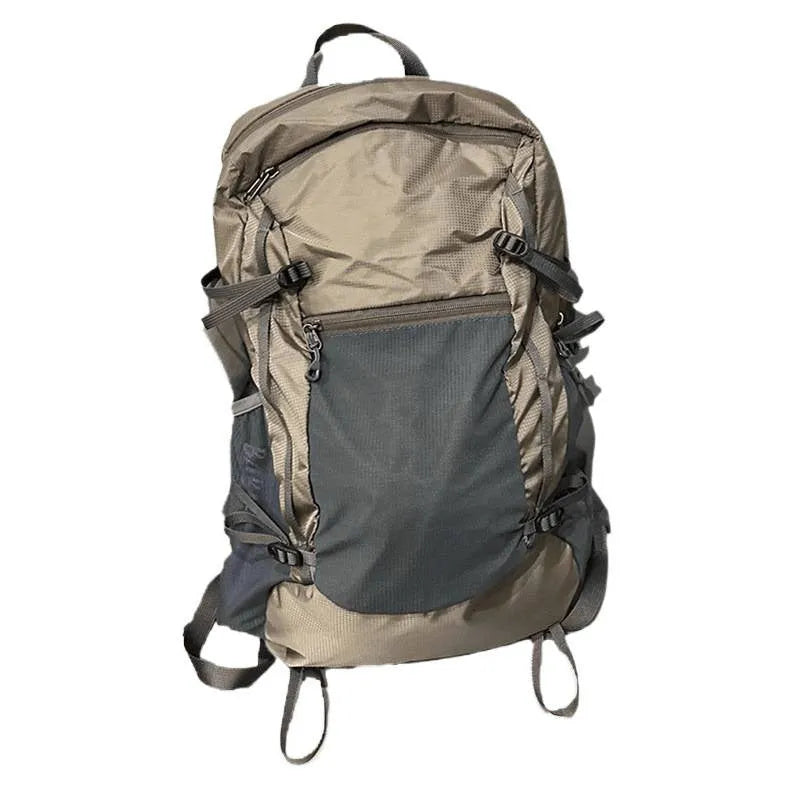 Natural revival khaki light solid colour nylon backpack with contrast details and curved shoulder straps