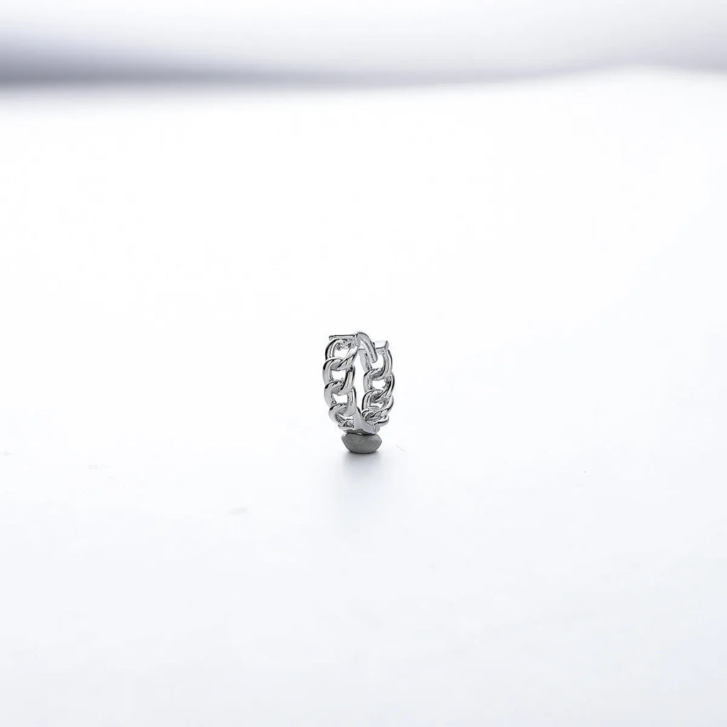 Men's geometric copper hip hop earrings in silver finish, showing 10mm and 14mm size options.