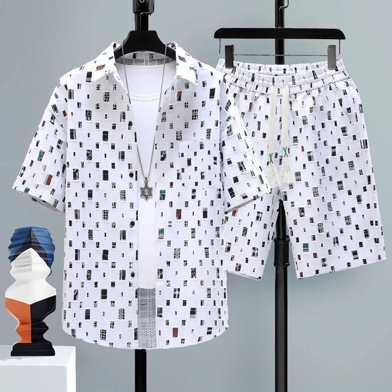 Men's grey casual polyester two-piece set with short sleeve top and matching shorts on a hanger.