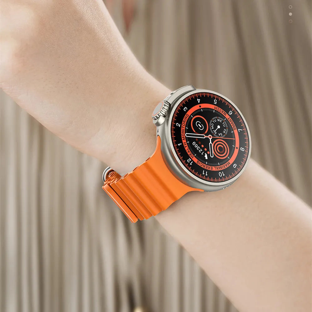 K9 smart watch with round screen on silicone strap, showing NFC and health tracking interface