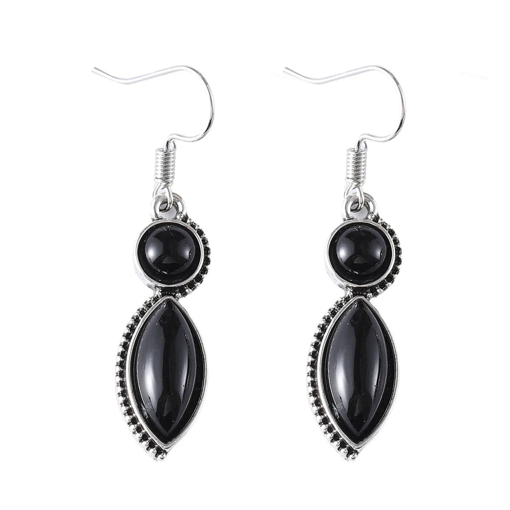 Vintage geometric earrings with black and purple colour pairing, zinc alloy construction with electroplated finish