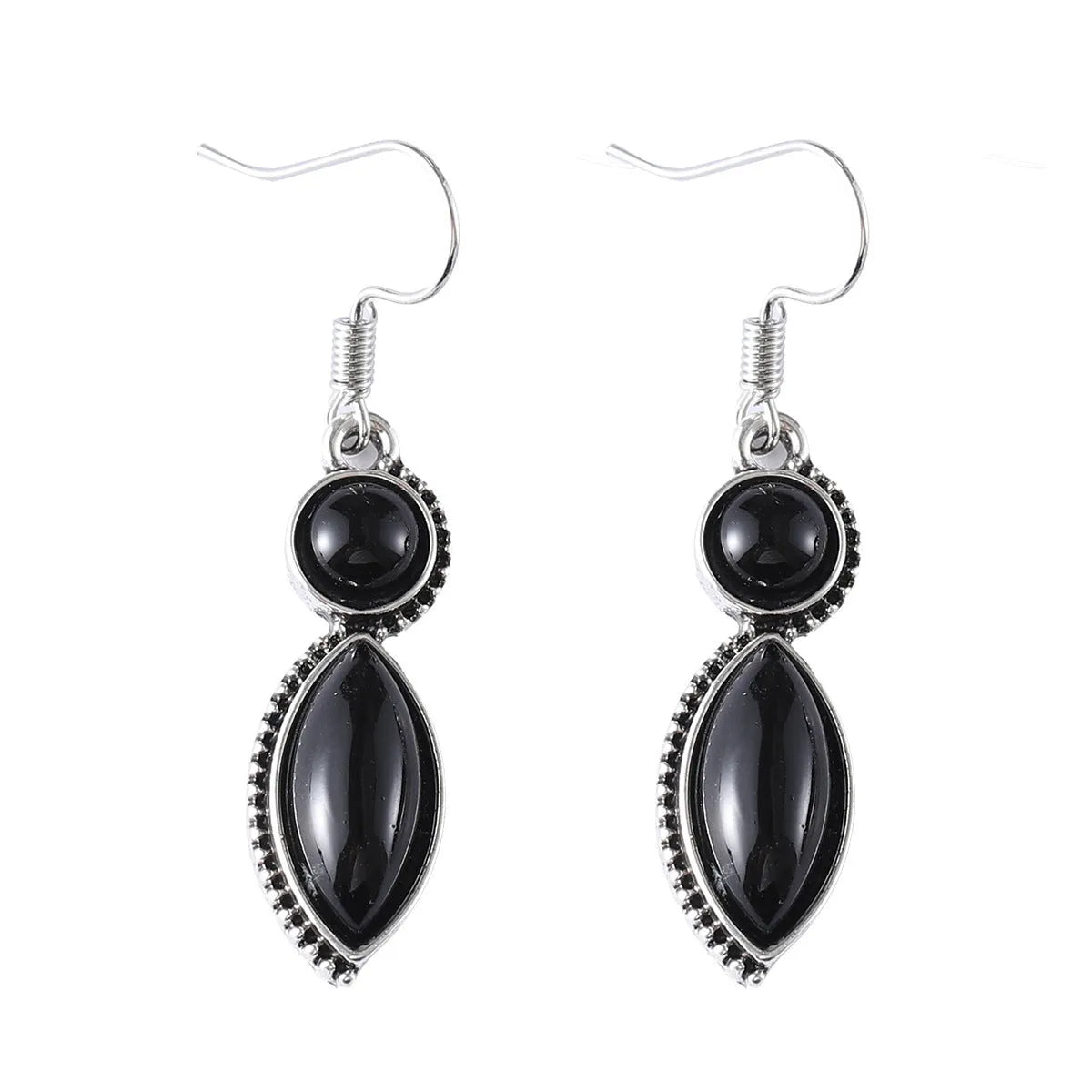Vintage geometric earrings with black and purple colour pairing, zinc alloy construction with electroplated finish