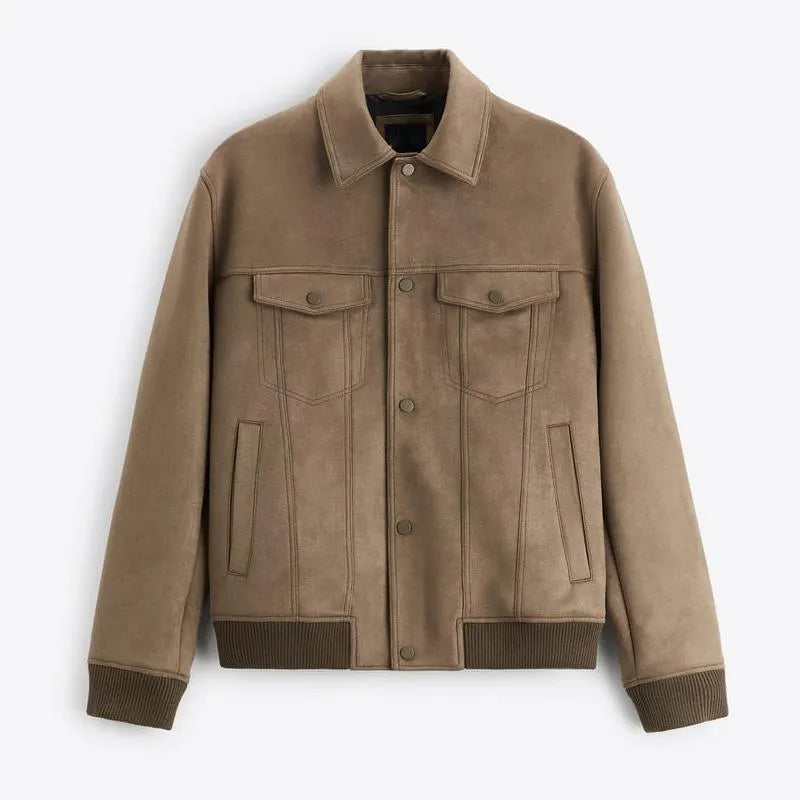 British-style suede velvet commuter jacket in mink colour with long sleeves