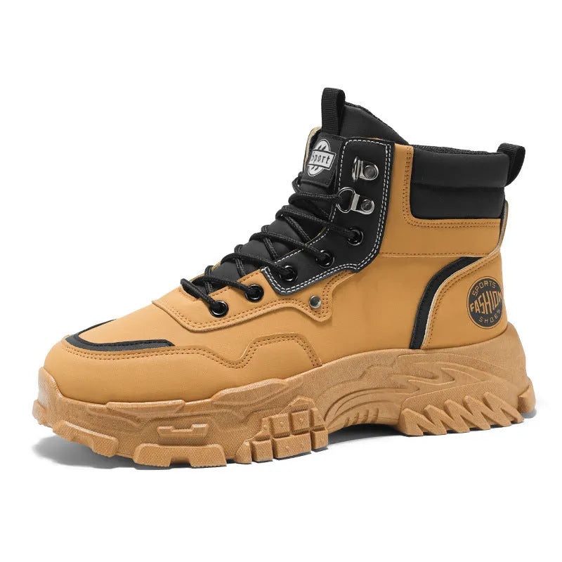 Men's black and yellow high-top Martin boots with an artificial PU upper and sturdy sole.