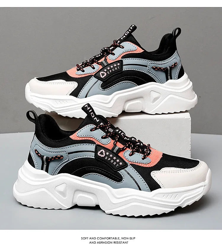 Women's white and moonlight thick-soled casual sports shoes with mesh uppers and round toe