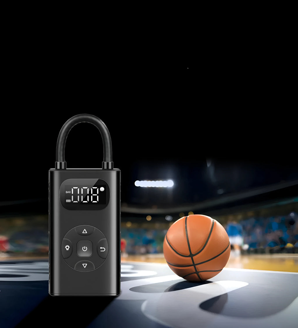 Black aviation aluminium portable power bank tyre inflator with digital display and hose for cars and bikes.
