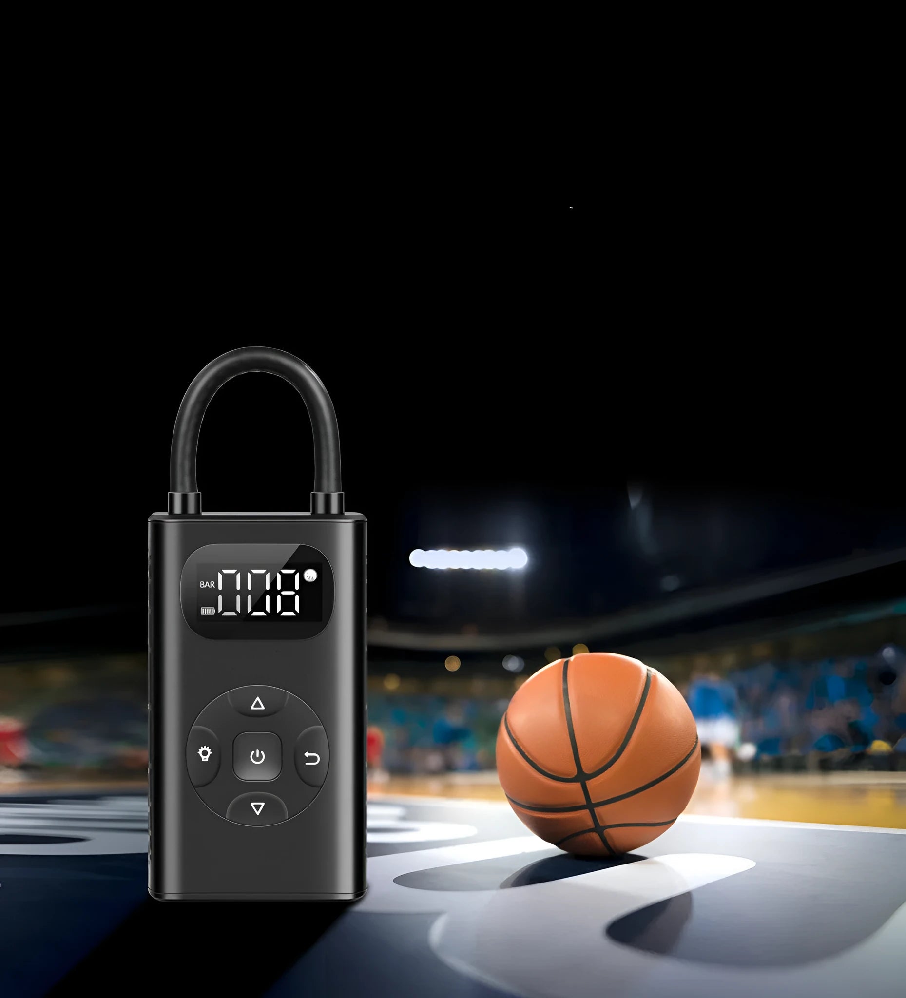 Black aviation aluminium portable power bank tyre inflator with digital display and hose for cars and bikes.