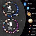 A pair of natural stone beaded bracelets showing different zodiac sign styles.