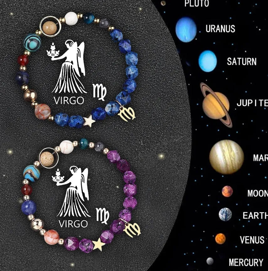 A pair of natural stone beaded bracelets showing different zodiac sign styles.
