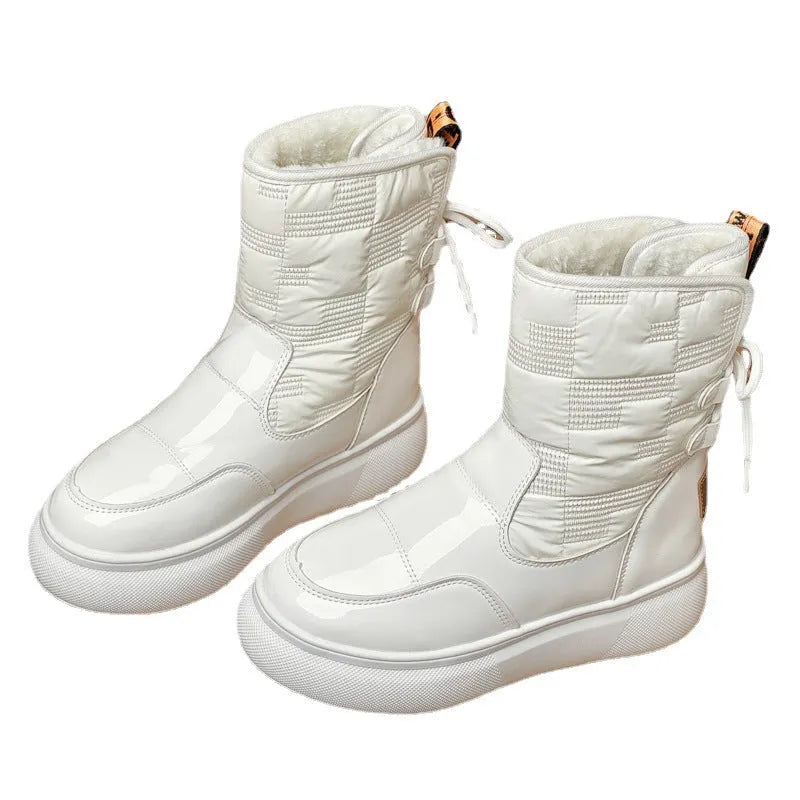 Women's ankle boots flat-bottomed thick-soled artificial PU black velvet cotton lining low heel
