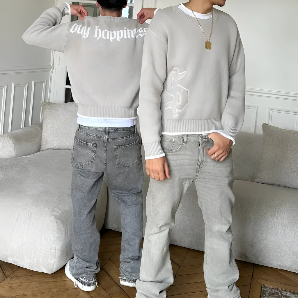 Grey jacquard knitwear coat with loose fitting design and long sleeves