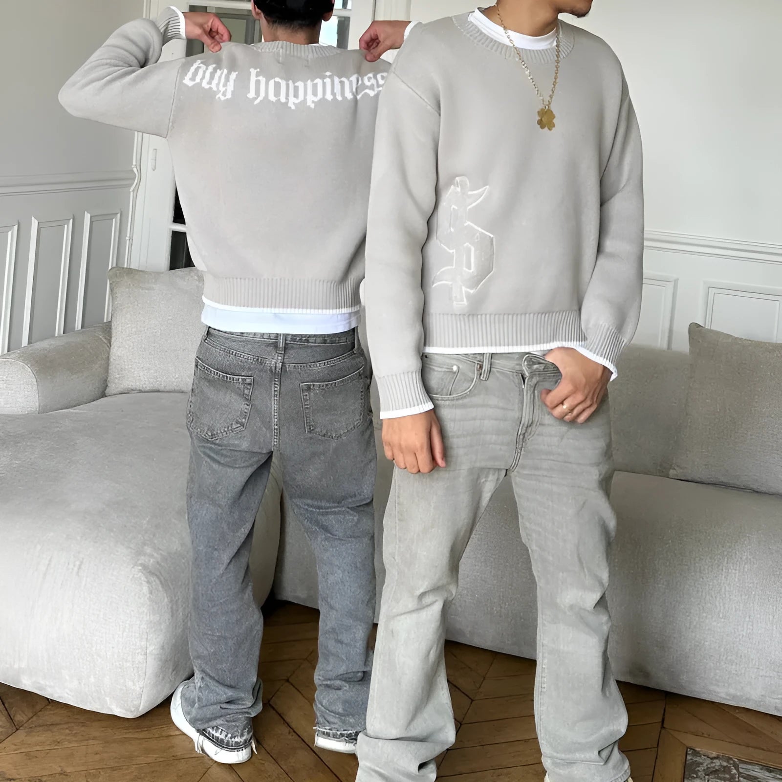 Grey jacquard knitwear coat with loose fitting design and long sleeves
