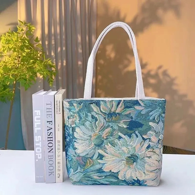 Double-sided gold wire embroidered canvas bag in small, medium, or large size.