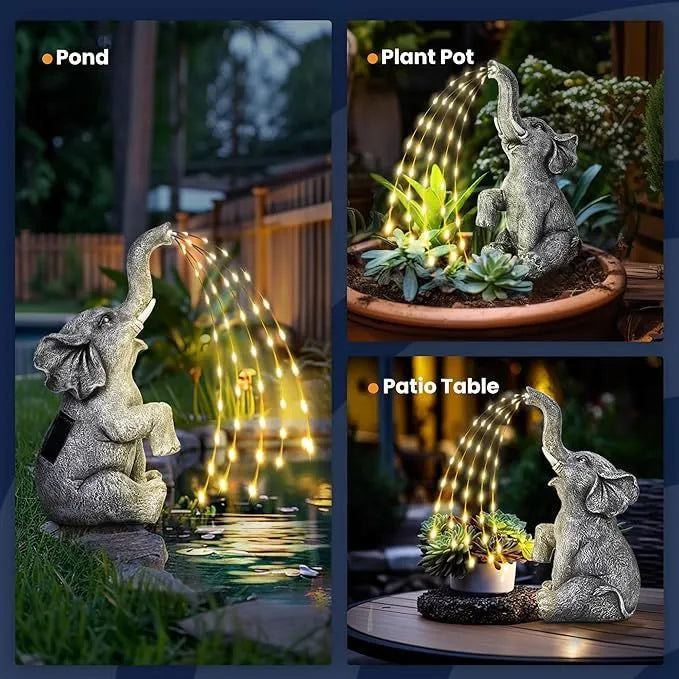 Resin elephant outdoor garden sculpture with realistic detailing and integrated LED lighting strip