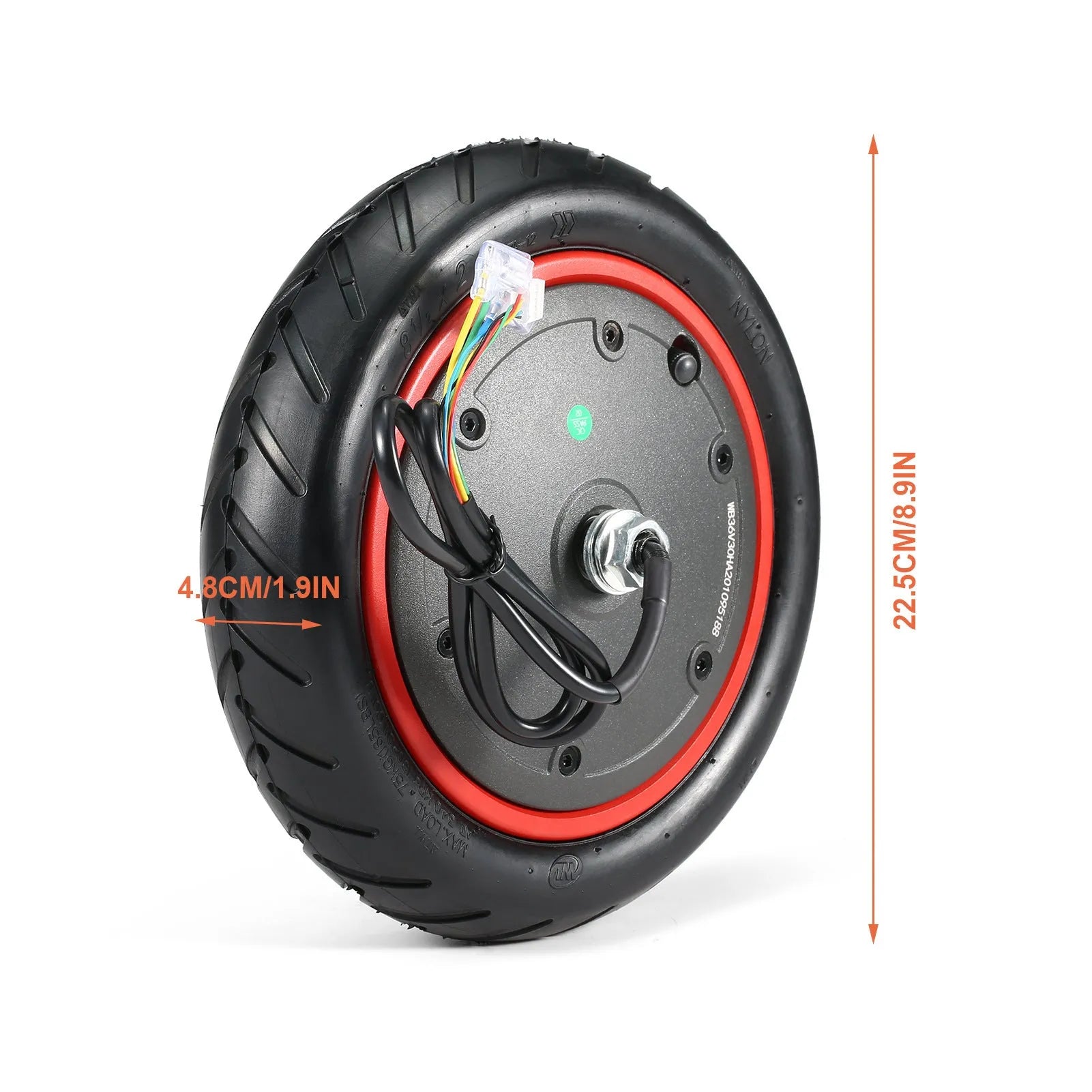 8.5 inch black pneumatic tyre for a 350w Pro electric scooter on a road surface.