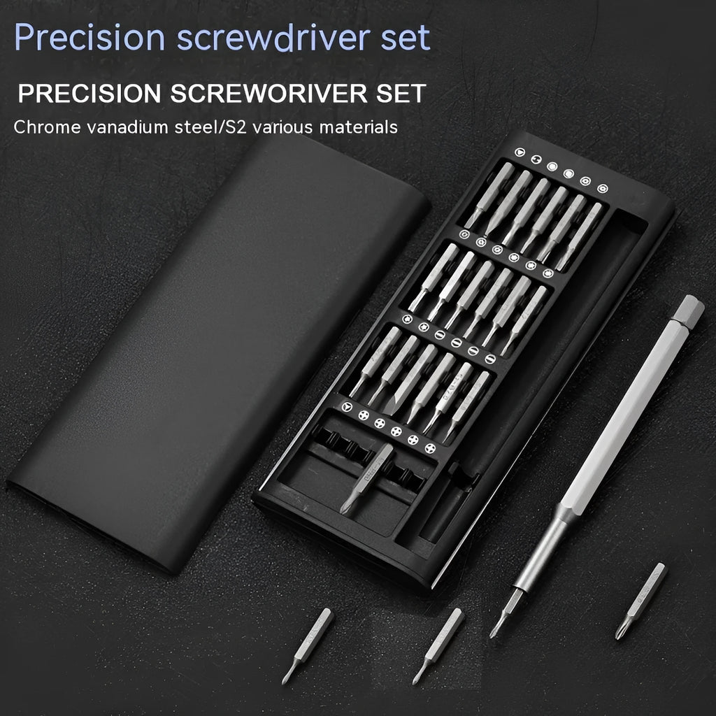 24-in-1 precision magnetic screwdriver set with aluminium and plastic handles, 4mm bits, and 125mm chrome vanadium steel bars