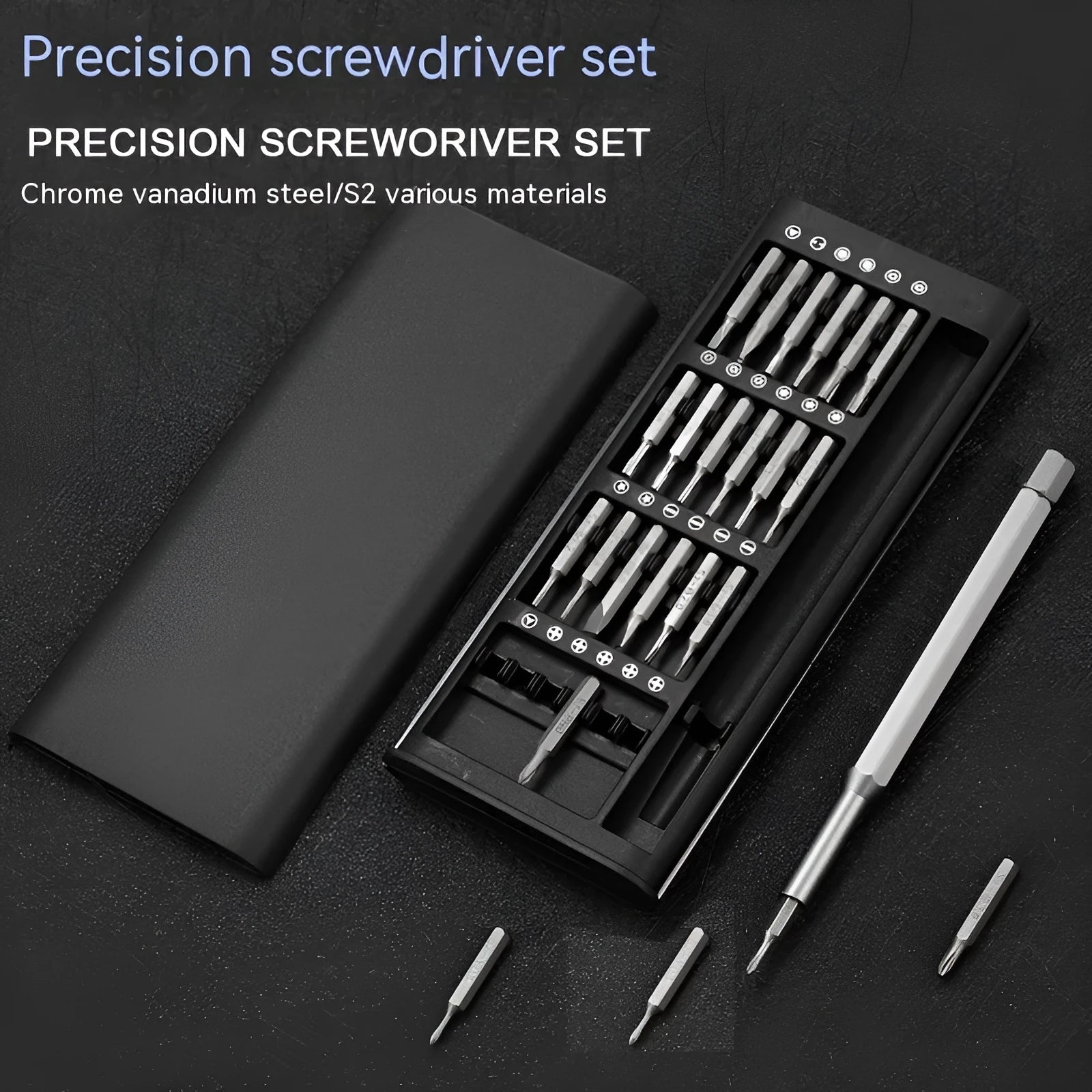 24-in-1 precision magnetic screwdriver set with aluminium and plastic handles, 4mm bits, and 125mm chrome vanadium steel bars