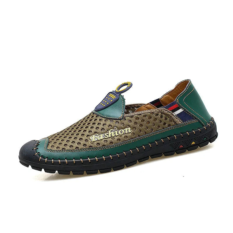 Men's brown casual breathable mesh shoes with round toe and rubber sole