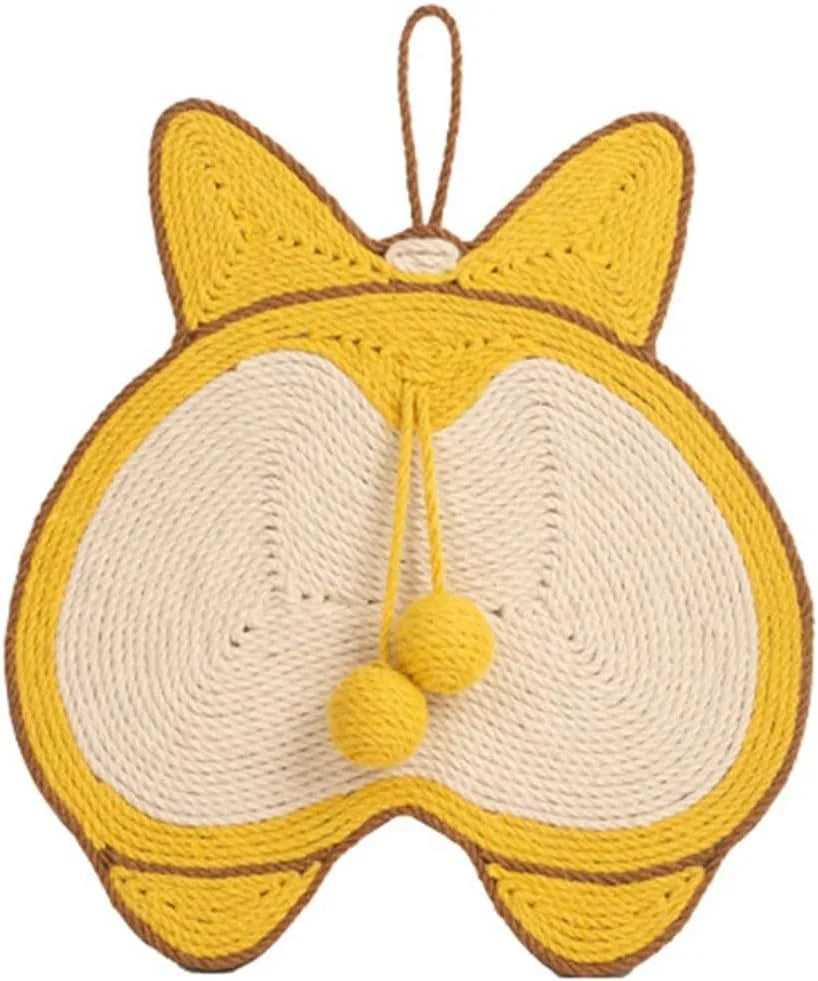 Yellow cat scratching pad with Corgi butt design, made from natural sisal on an anti-slip base