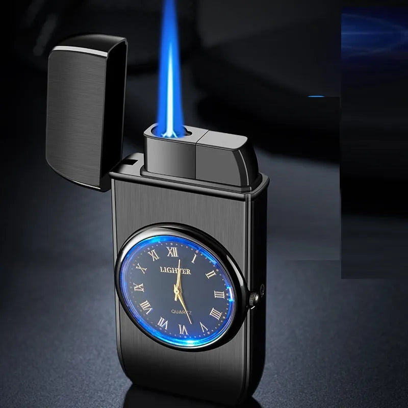 Electronic watch cigarette lighter with LED flashing lamp in metal body showing multiple colour finish options