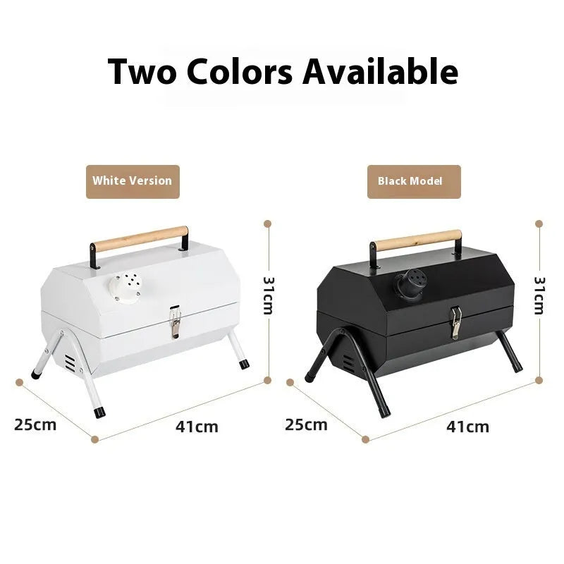 White round chimney portable folding grill for outdoor frying, baking and barbecuing