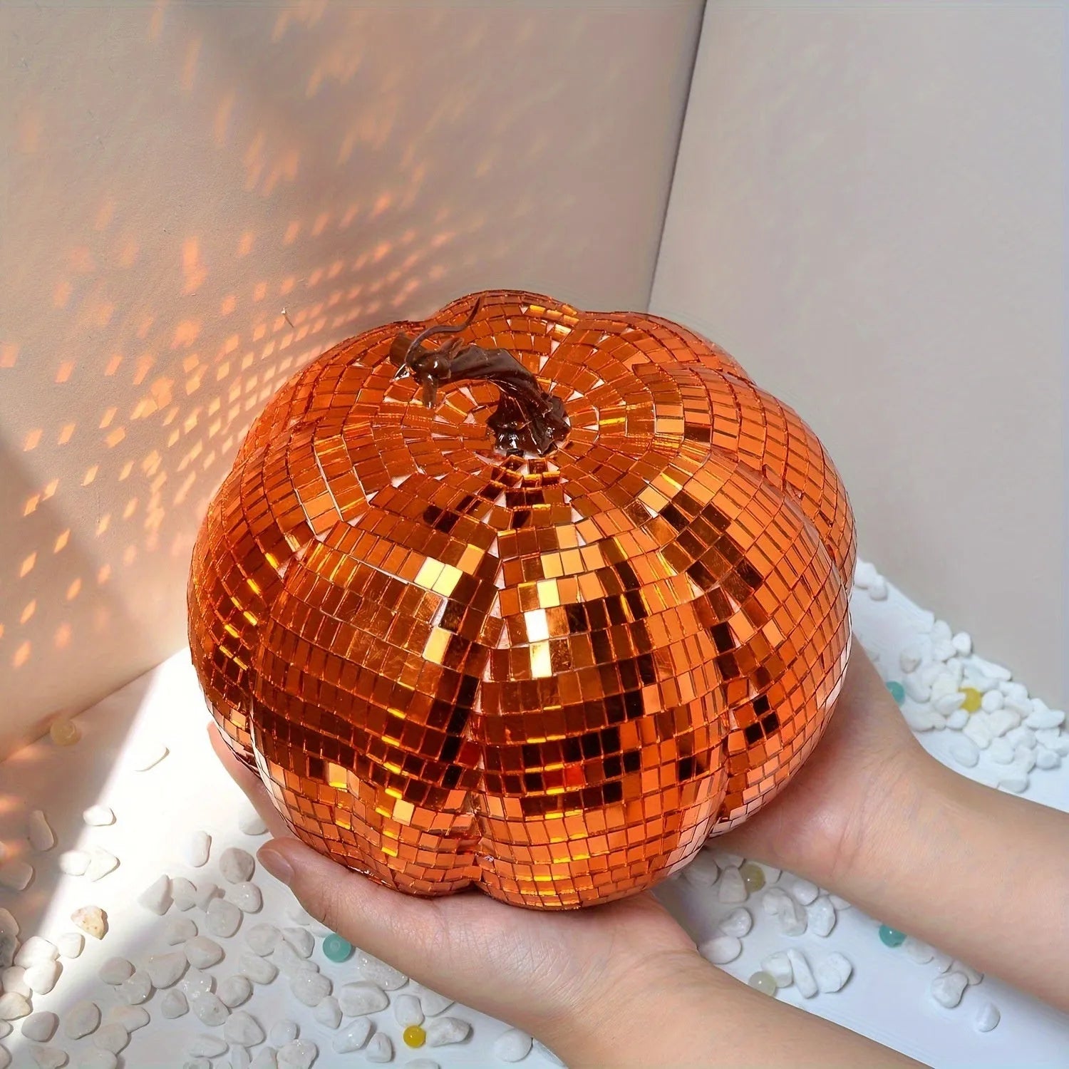 Glass pumpkin mirror ornament in Chinese style with embroidered details, available in five sizes for Halloween and Christmas decor.