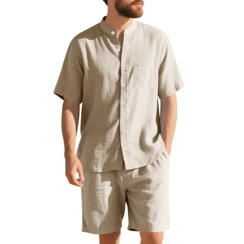 Men's linen summer suit two-piece set with Henry collar shirt and shorts in multiple colour options