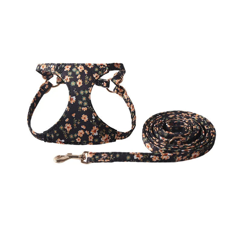 Floral patterned cloth dog harness and leash set in orange, purple, pink, black or white with red flowers design