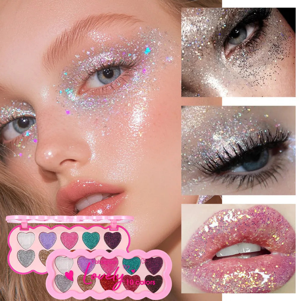 Pearlescent heart design eye shadow palette showing ten colours including white, beige, pink, purple, brown, blue, black, royal blue, maroon, and coral