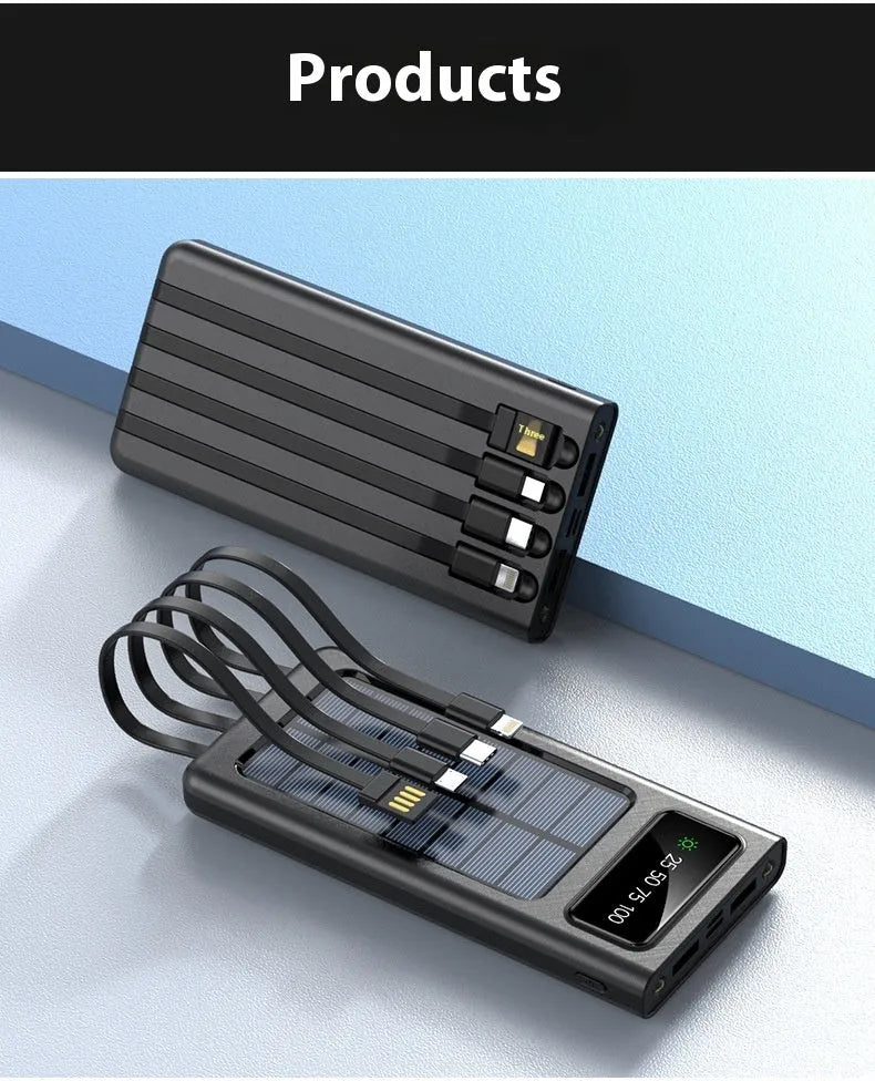 Solar power bank with integrated charging cable in black or white plastic casing