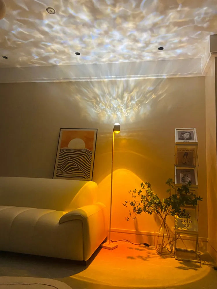 Sunset red water ripple projection floor lamp with four colour cards and minimalist iron design