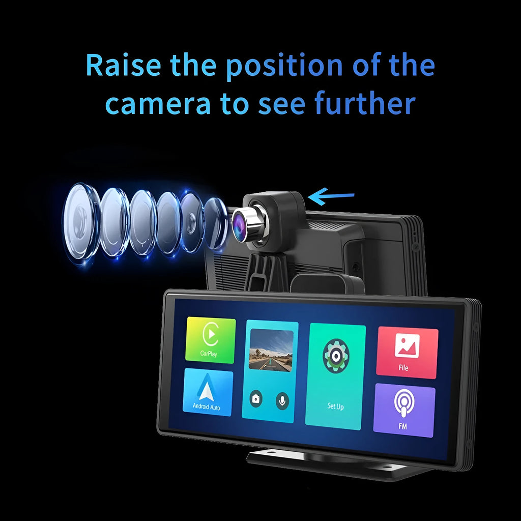 12-inch touchscreen car DVR with front and rear cameras mounted on vehicle dashboard