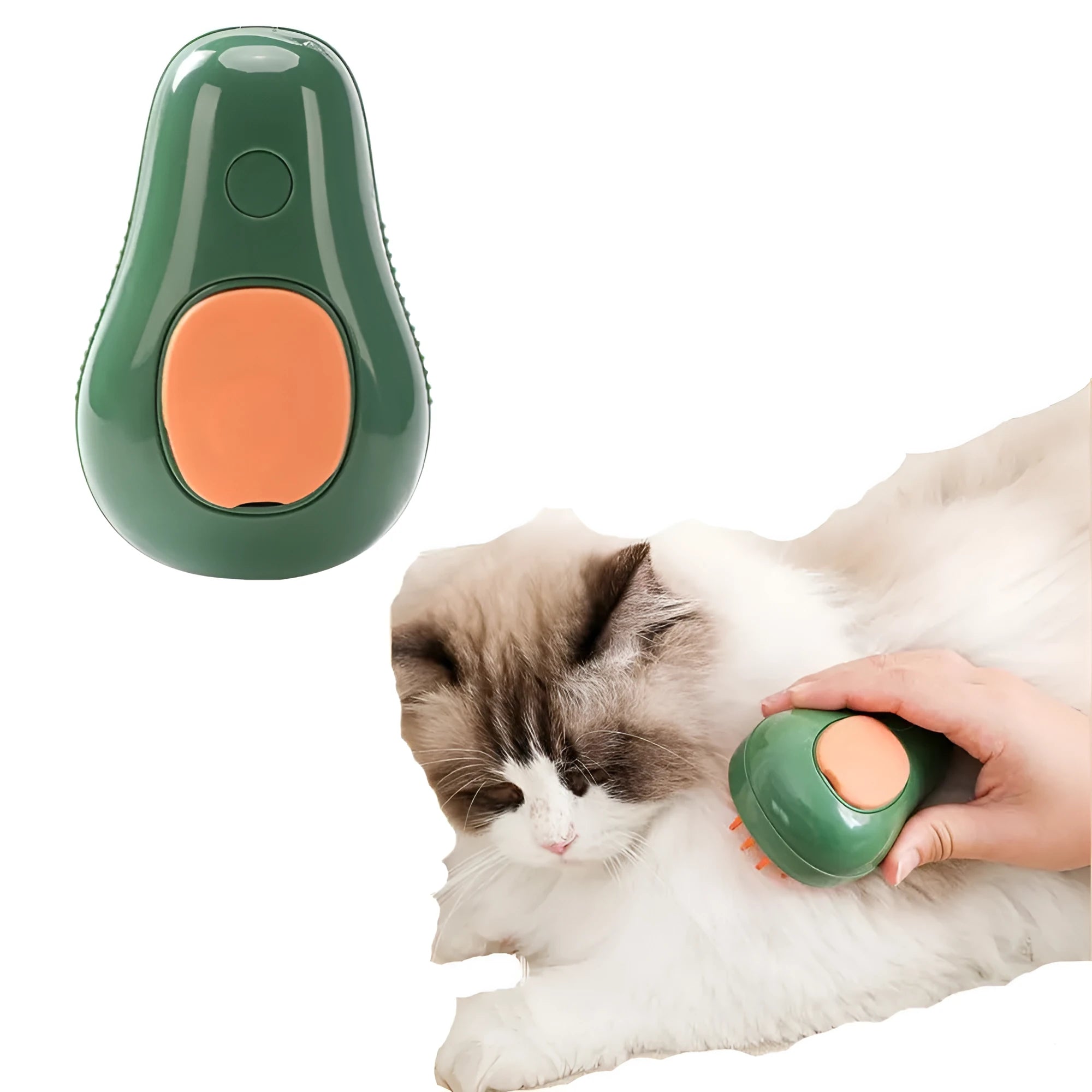 Green and white rechargeable cat steam grooming brush with silicone teeth on a wooden table.