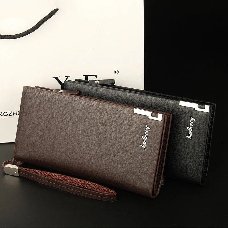 Men's long black PU leather wallet with a silver zipper closure