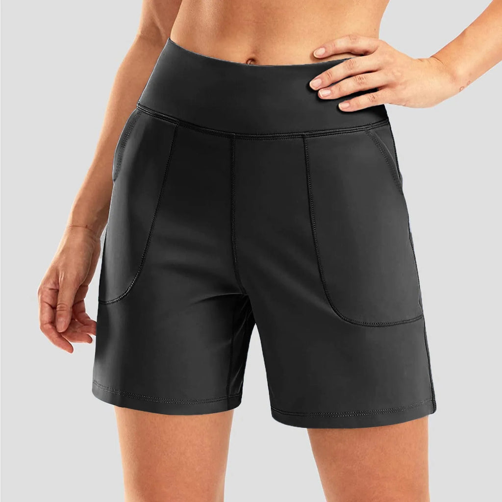 Men's summer quick-drying breathable polyester shorts in black, mid-waist with pockets