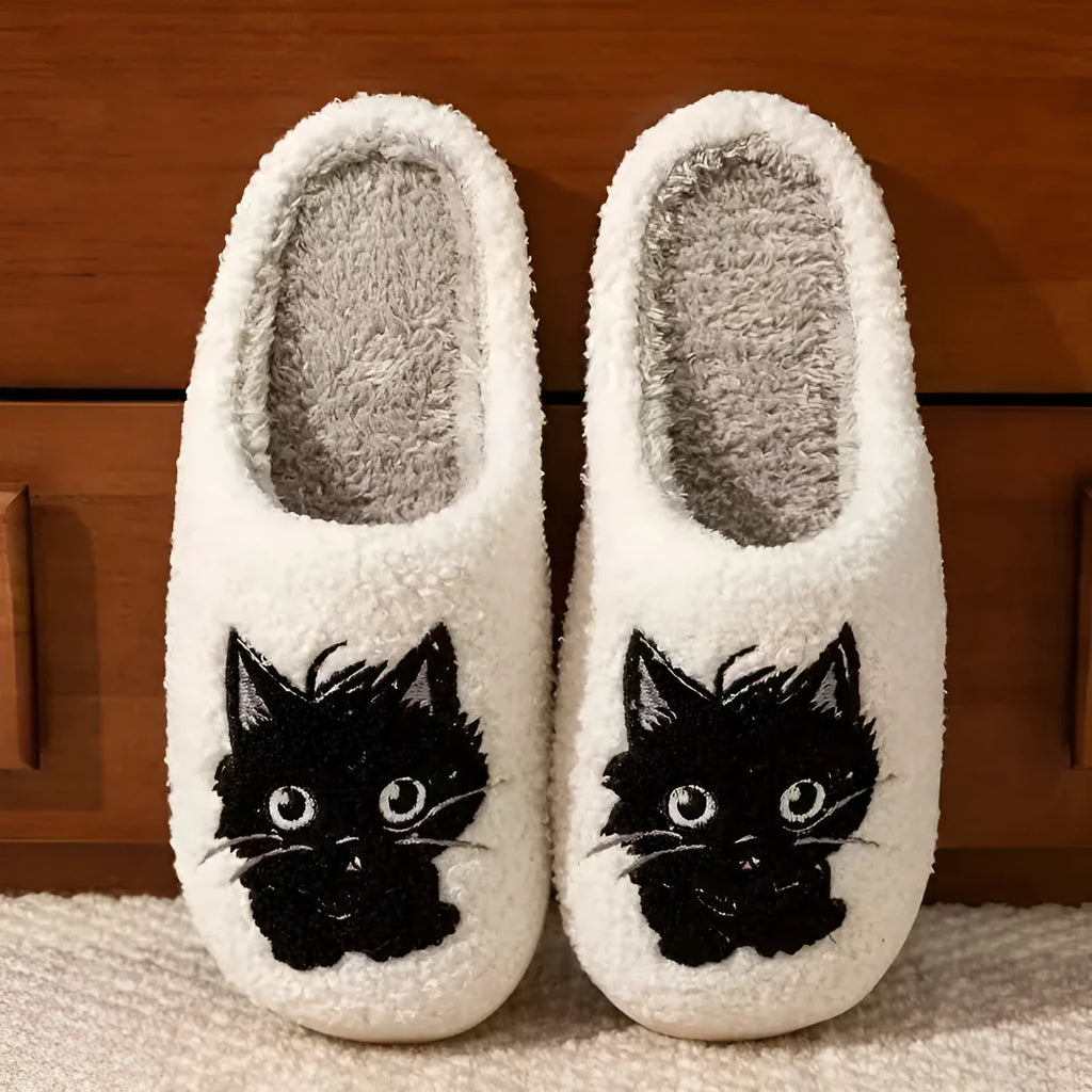 White plush cartoon black beard cat couple cotton slippers for adults with non-slip soles.