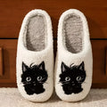 White plush cartoon black beard cat couple cotton slippers for adults with non-slip soles.