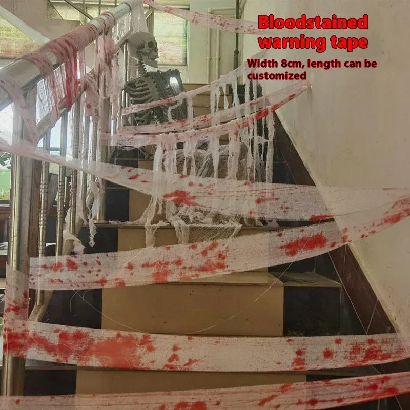 Roll of red polyester horror bandage with bloody print for Halloween decorations and costumes.