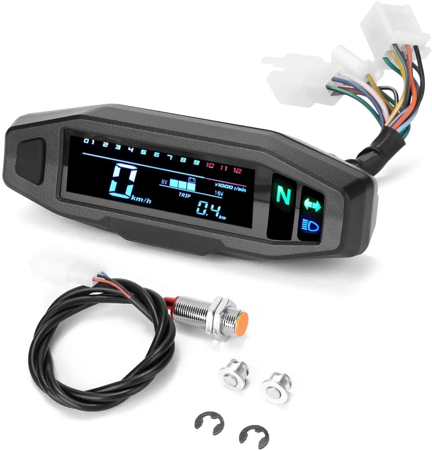Black motorcycle mini speedometer with LCD display showing speed and oil gauge indicators