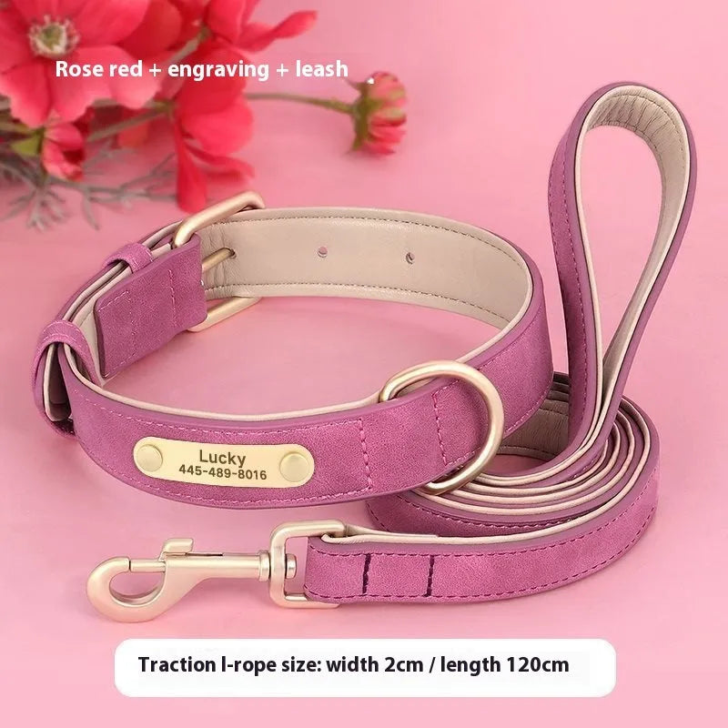 Double-layer mohair dog collar and matching lead set in rose red, shown with size options for small to extra-large dogs.