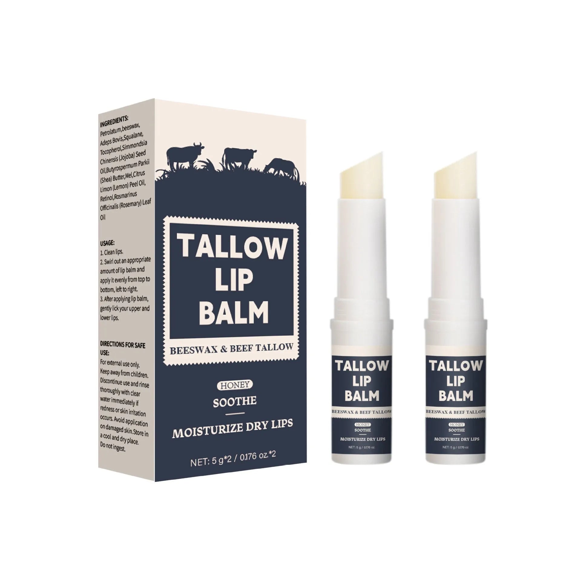 Two beef tallow lip balms for dry lips universal skin type care