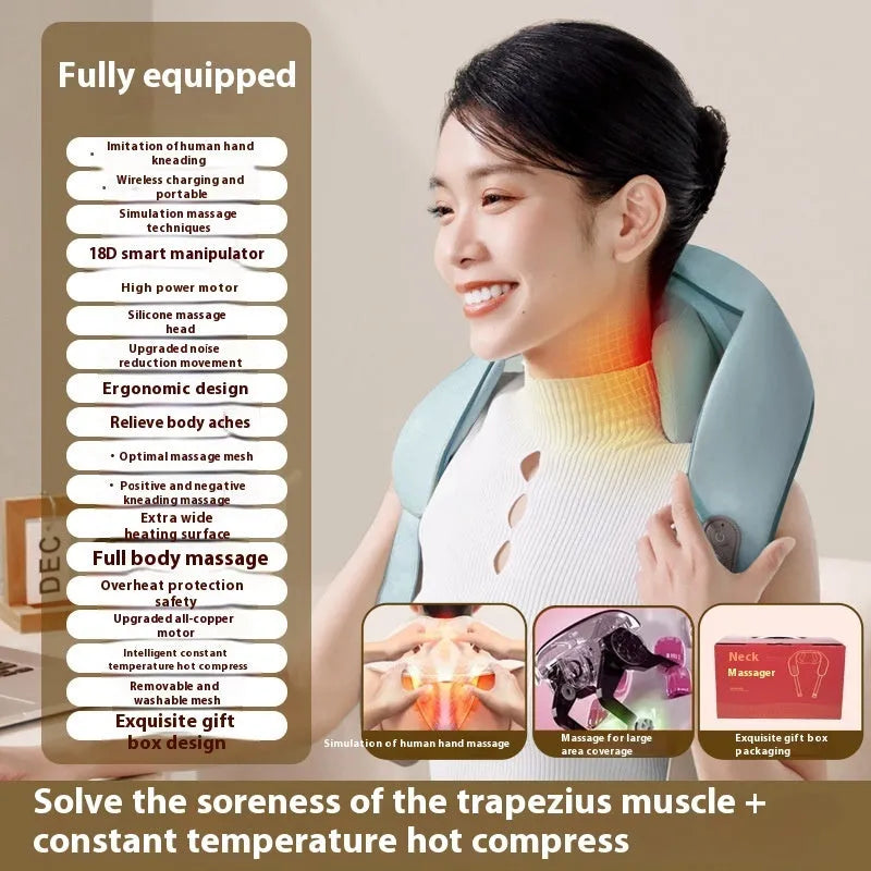 Blue foldable electric neck and shoulder massager with heat settings, shown unfolded.