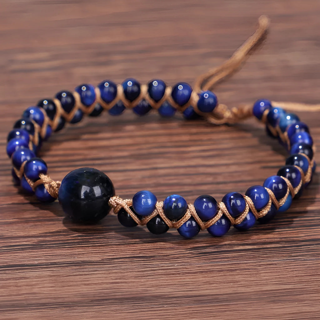 Handmade woven geometric pull bracelet with stone beads in blue tigereye or amethyst colours