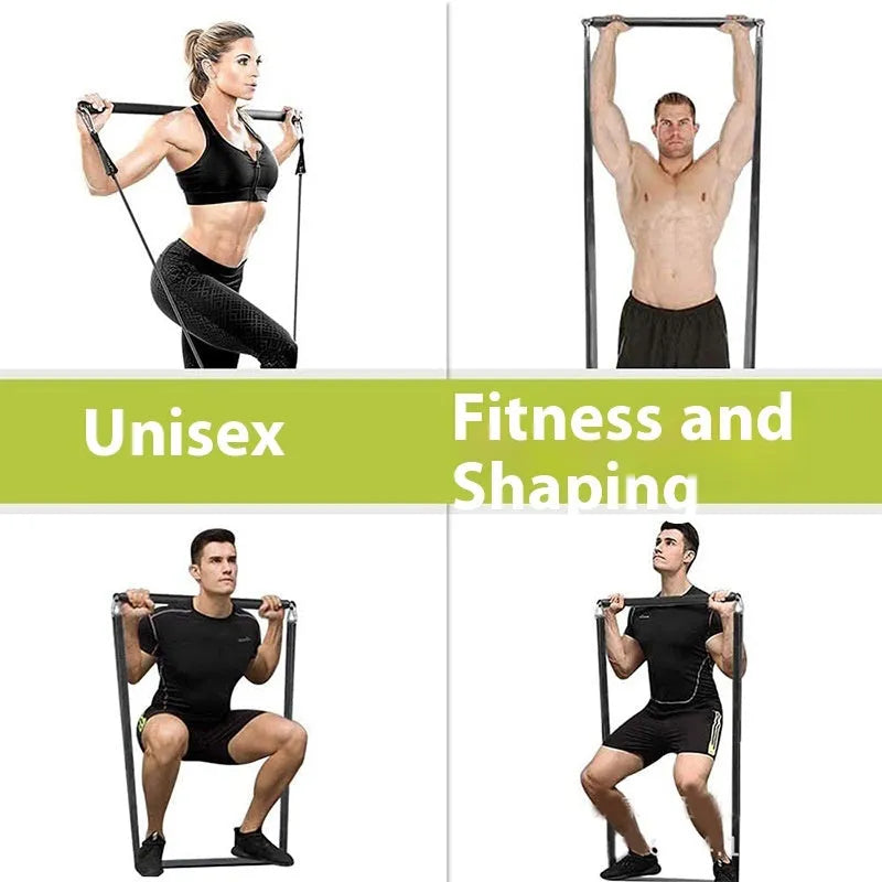 Fitness push and pull rod stick with two segments and a rope for resistance training.