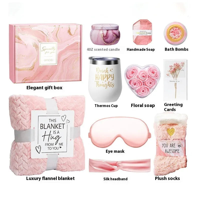 White plastic aromatherapy bath gift set box with candles and soap, measuring 27x23x13cm.