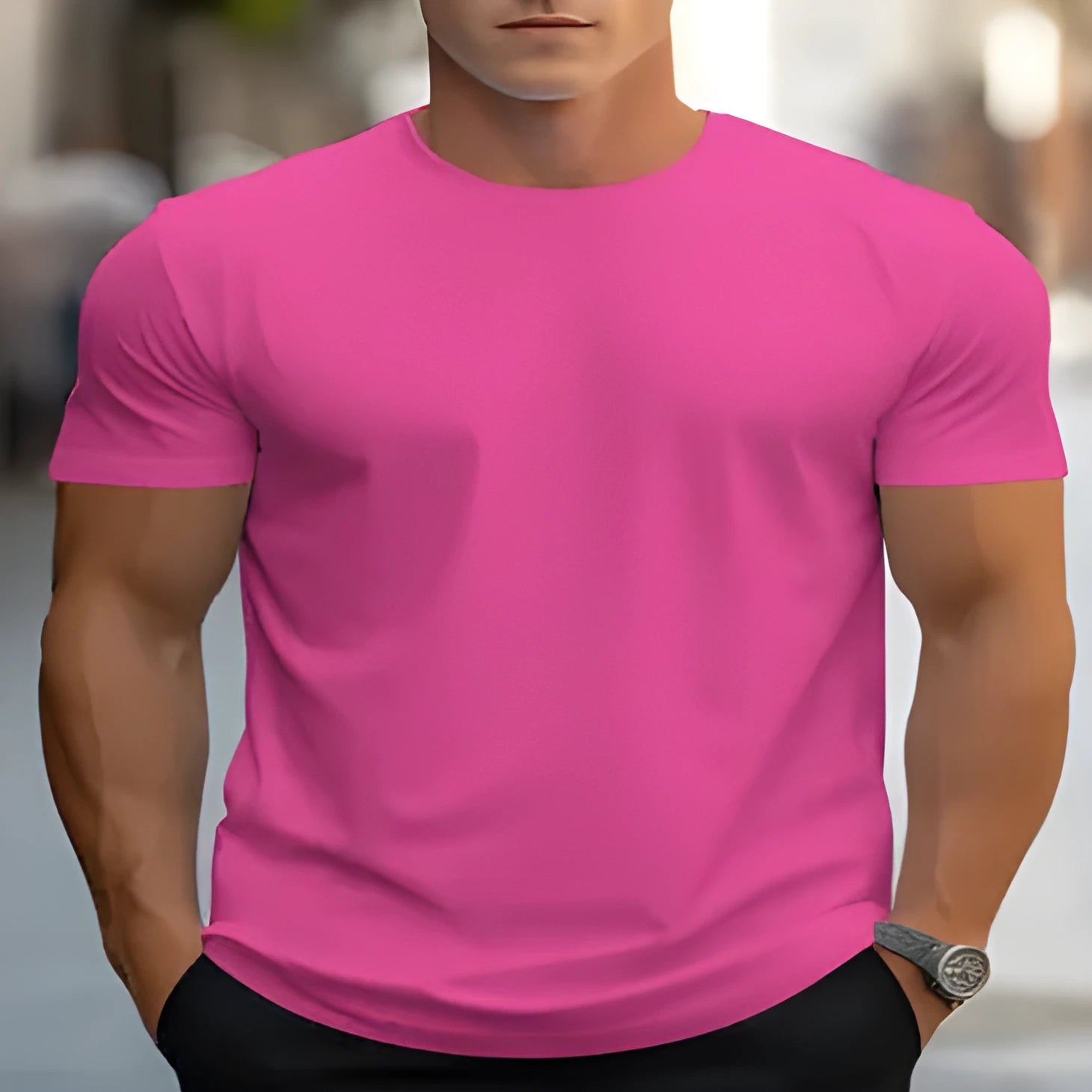Men's loose fit round neck short sleeve T-shirt in bird eye cloth polyester fabric
