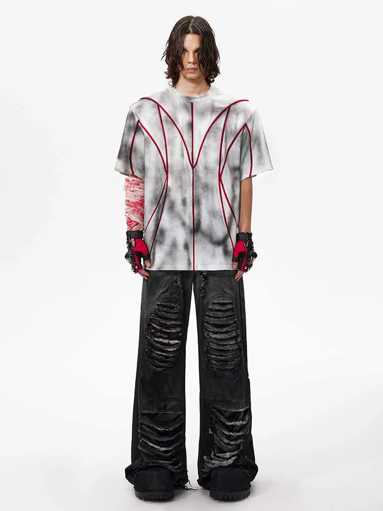 Padded shoulder short sleeve T-shirt with textured line patchwork detailing on round neck