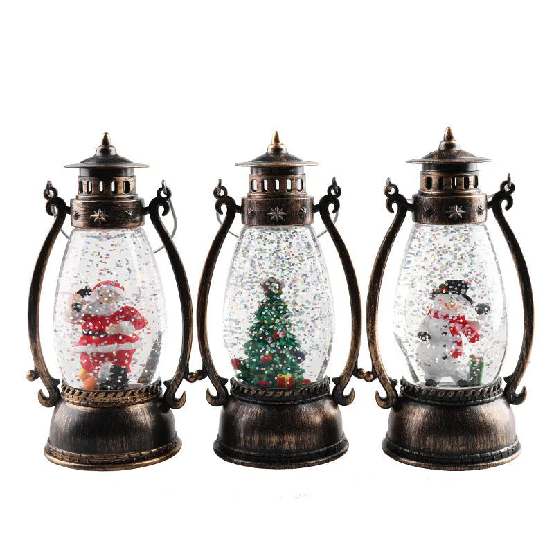 LED crystal ball oil lamp Christmas decoration with snowman or elderly figure inside coloured paper globe