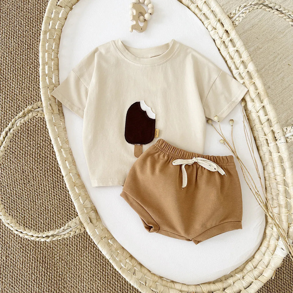Girls' cotton casual round neck ice cream patch short sleeve shorts suit in Olive, Apricot, and White for summer