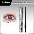 Waterproof mascara in steel tube with black and brown colour options shown with eyelash curler